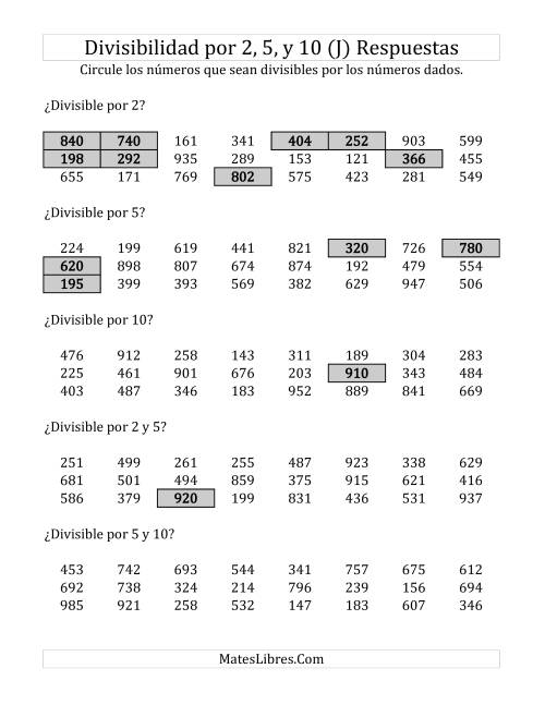 La hoja de ejercicios de Reglas de Divisibilidad por 2, 5 y 10 (J) Página 2
