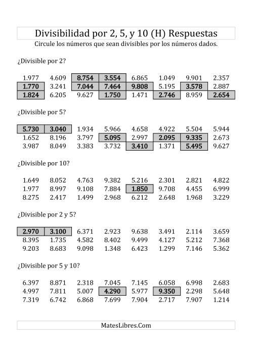 La hoja de ejercicios de Reglas de Divisibilidad por 2, 5 y 10 (H) Página 2