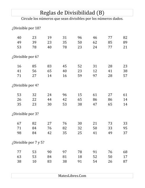 La hoja de ejercicios de Reglas de Divisibilidad por Números de 2 a 10 (B)