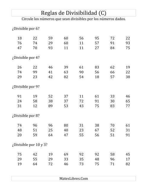 La hoja de ejercicios de Reglas de Divisibilidad por Números de 2 a 10 (C)
