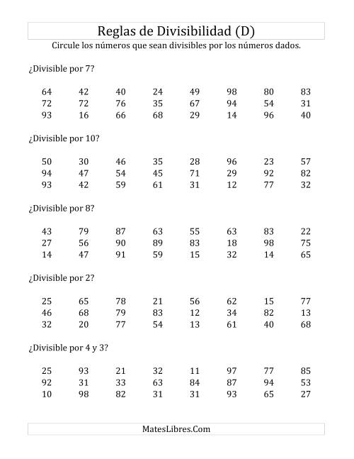 La hoja de ejercicios de Reglas de Divisibilidad por Números de 2 a 10 (D)