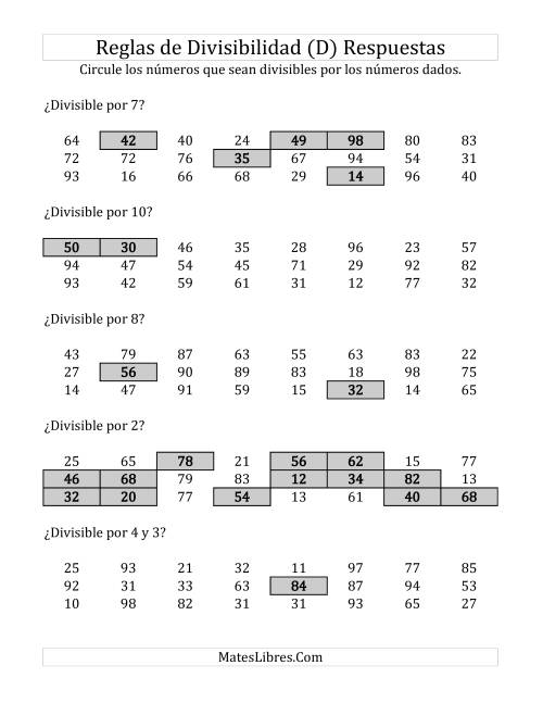 La hoja de ejercicios de Reglas de Divisibilidad por Números de 2 a 10 (D) Página 2