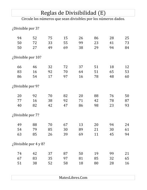 La hoja de ejercicios de Reglas de Divisibilidad por Números de 2 a 10 (E)