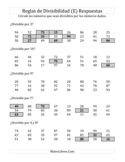 La hoja de ejercicios de Reglas de Divisibilidad por Números de 2 a 10 (E) Página 2