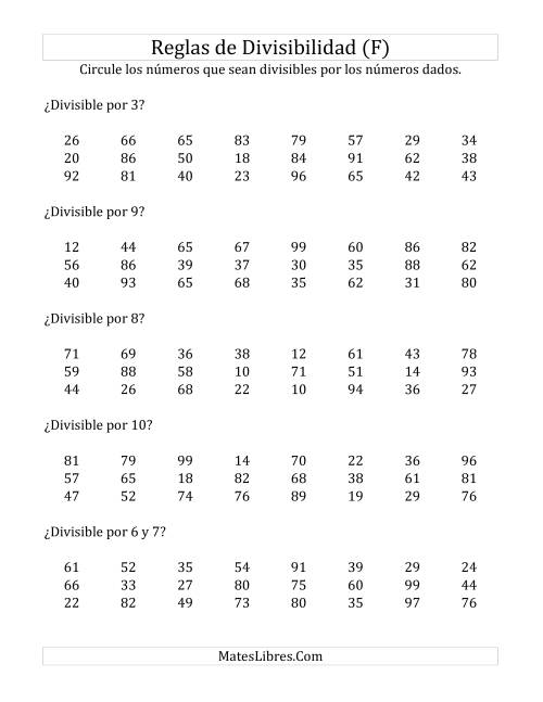 La hoja de ejercicios de Reglas de Divisibilidad por Números de 2 a 10 (F)