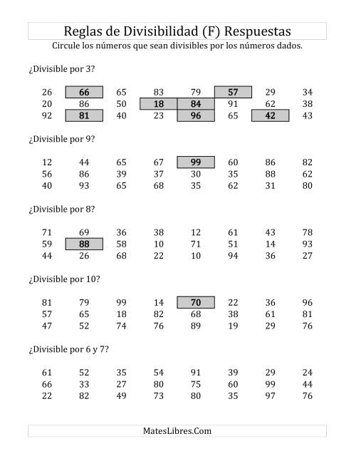 La hoja de ejercicios de Reglas de Divisibilidad por Números de 2 a 10 (F) Página 2
