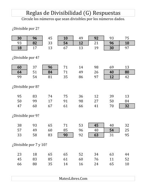 La hoja de ejercicios de Reglas de Divisibilidad por Números de 2 a 10 (G) Página 2