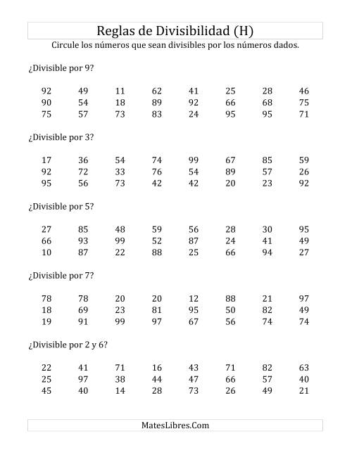 La hoja de ejercicios de Reglas de Divisibilidad por Números de 2 a 10 (H)