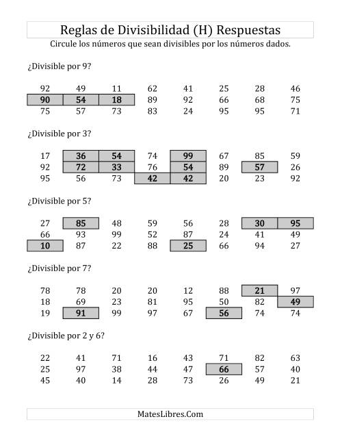 La hoja de ejercicios de Reglas de Divisibilidad por Números de 2 a 10 (H) Página 2