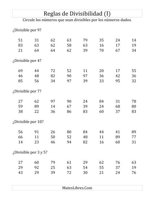 La hoja de ejercicios de Reglas de Divisibilidad por Números de 2 a 10 (I)