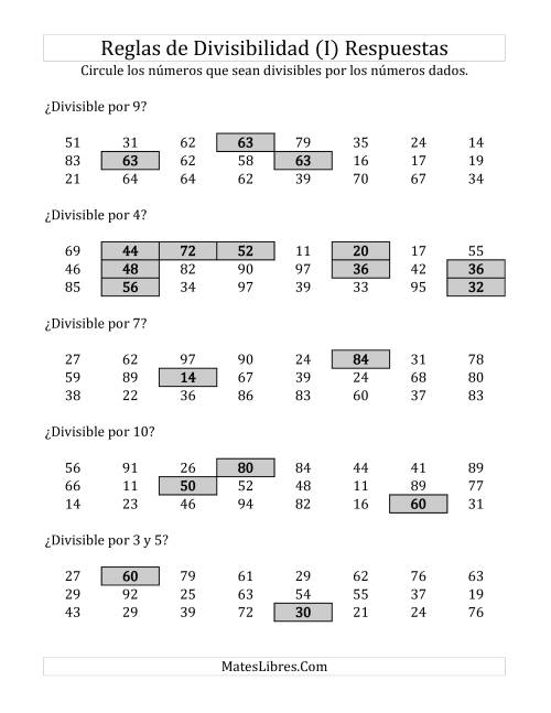 La hoja de ejercicios de Reglas de Divisibilidad por Números de 2 a 10 (I) Página 2