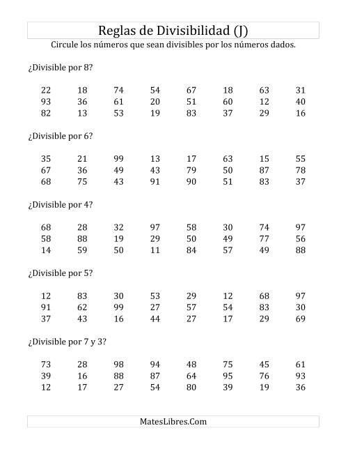 La hoja de ejercicios de Reglas de Divisibilidad por Números de 2 a 10 (J)
