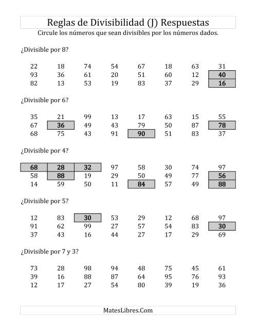 La hoja de ejercicios de Reglas de Divisibilidad por Números de 2 a 10 (J) Página 2