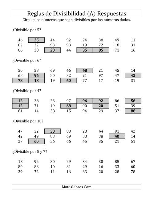 La hoja de ejercicios de Reglas de Divisibilidad por Números de 2 a 10 (Todas) Página 2