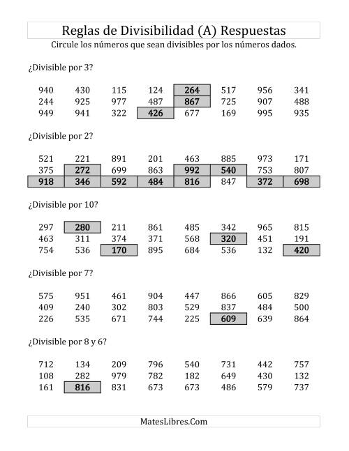 La hoja de ejercicios de Reglas de Divisibilidad por Números de 2 a 10 (A) Página 2