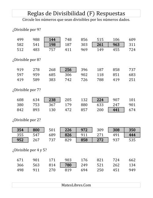 La hoja de ejercicios de Reglas de Divisibilidad por Números de 2 a 10 (F) Página 2