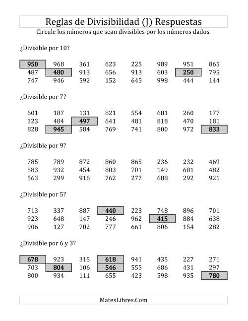 La hoja de ejercicios de Reglas de Divisibilidad por Números de 2 a 10 (J) Página 2