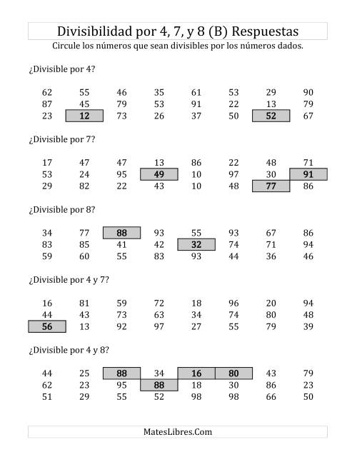 La hoja de ejercicios de Reglas de Divisibilidad por 4, 7 y 8 (B) Página 2
