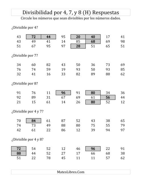 La hoja de ejercicios de Reglas de Divisibilidad por 4, 7 y 8 (H) Página 2