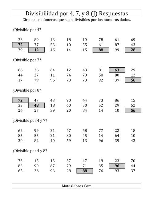 La hoja de ejercicios de Reglas de Divisibilidad por 4, 7 y 8 (J) Página 2