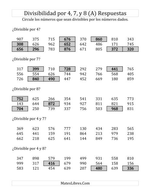 La hoja de ejercicios de Reglas de Divisibilidad por 4, 7 y 8 (A) Página 2