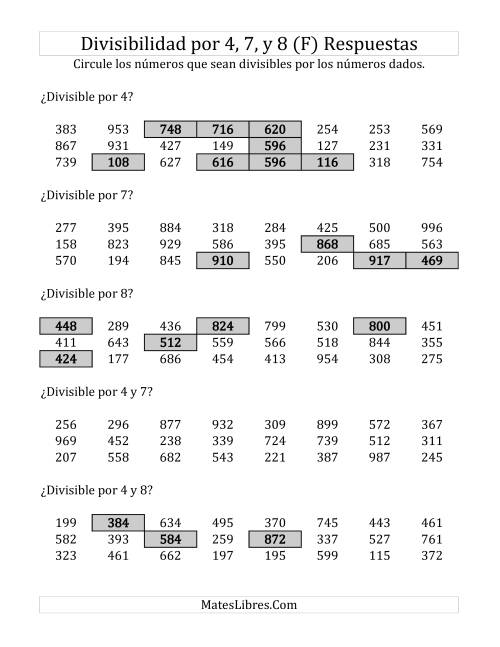 La hoja de ejercicios de Reglas de Divisibilidad por 4, 7 y 8 (F) Página 2