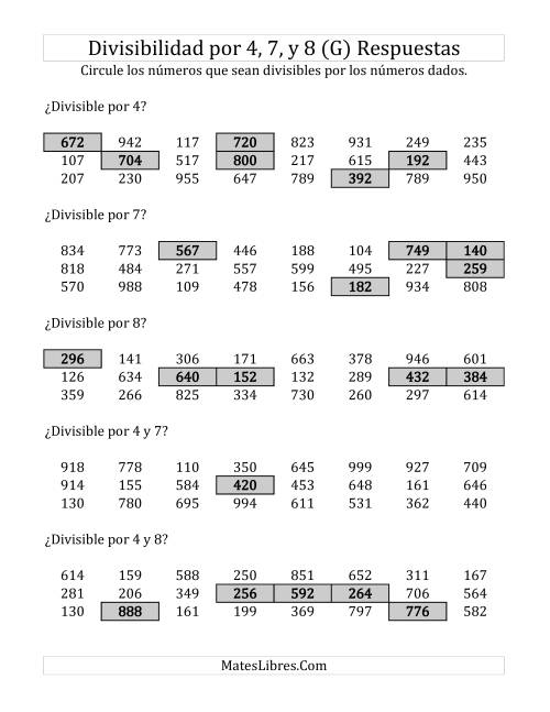La hoja de ejercicios de Reglas de Divisibilidad por 4, 7 y 8 (G) Página 2