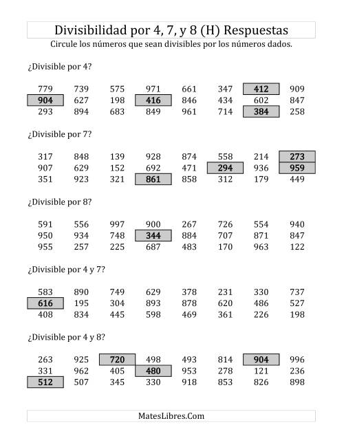 La hoja de ejercicios de Reglas de Divisibilidad por 4, 7 y 8 (H) Página 2