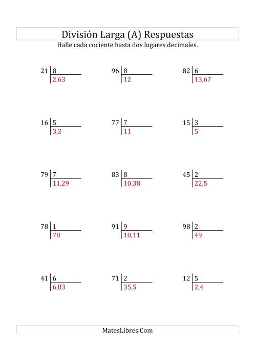 La hoja de ejercicios de División Larga en Formato Europeo -- Divisor de 1 Dígito, Dividendo de 2 Dígitos, Con Decimales (A) Página 2