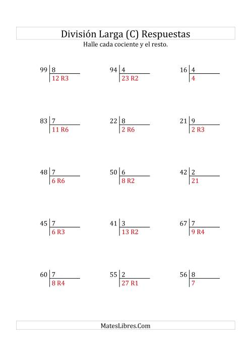 La hoja de ejercicios de División Larga en Formato Europeo -- Divisor de 1 Dígito, Dividendo de 2 Dígitos, Con Resto (C) Página 2