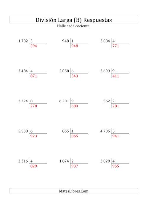 La hoja de ejercicios de División Larga en Formato Europeo -- Divisor de 1 Dígito, Cociente de 3 Dígitos, Sin Resto (B) Página 2