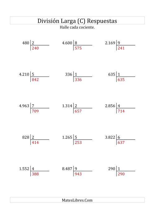 La hoja de ejercicios de División Larga en Formato Europeo -- Divisor de 1 Dígito, Cociente de 3 Dígitos, Sin Resto (C) Página 2