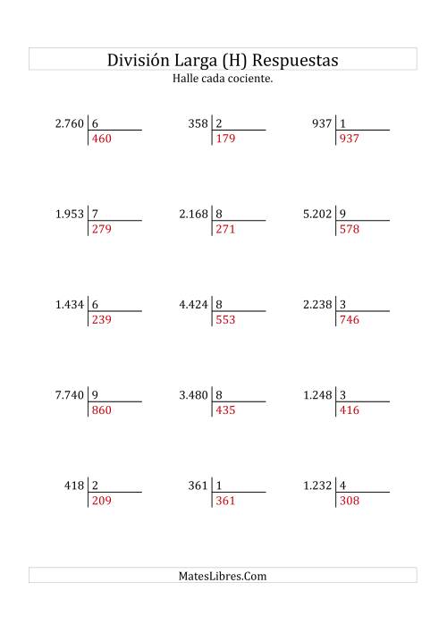 La hoja de ejercicios de División Larga en Formato Europeo -- Divisor de 1 Dígito, Cociente de 3 Dígitos, Sin Resto (H) Página 2