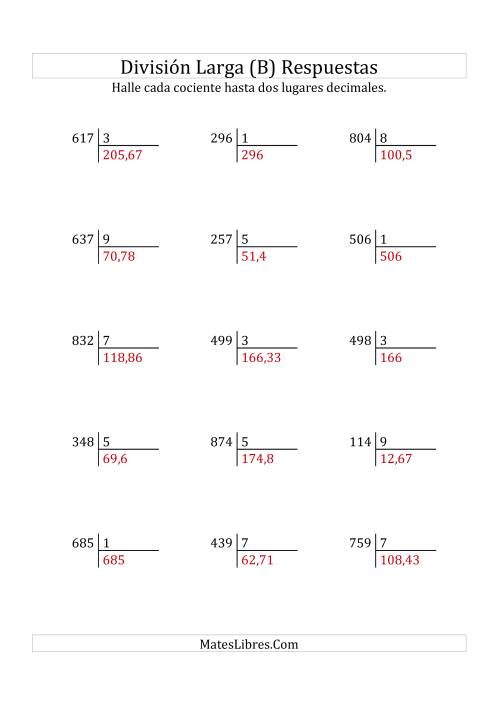 La hoja de ejercicios de División Larga en Formato Europeo -- Divisor de 1 Dígito, Dividendo de 3 Dígitos, Con Decimales (B) Página 2