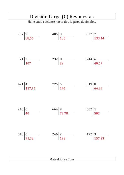 La hoja de ejercicios de División Larga en Formato Europeo -- Divisor de 1 Dígito, Dividendo de 3 Dígitos, Con Decimales (C) Página 2