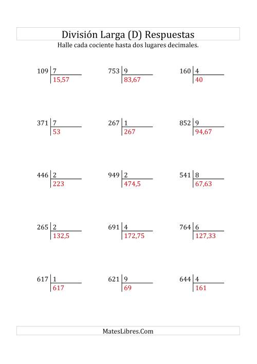 La hoja de ejercicios de División Larga en Formato Europeo -- Divisor de 1 Dígito, Dividendo de 3 Dígitos, Con Decimales (D) Página 2