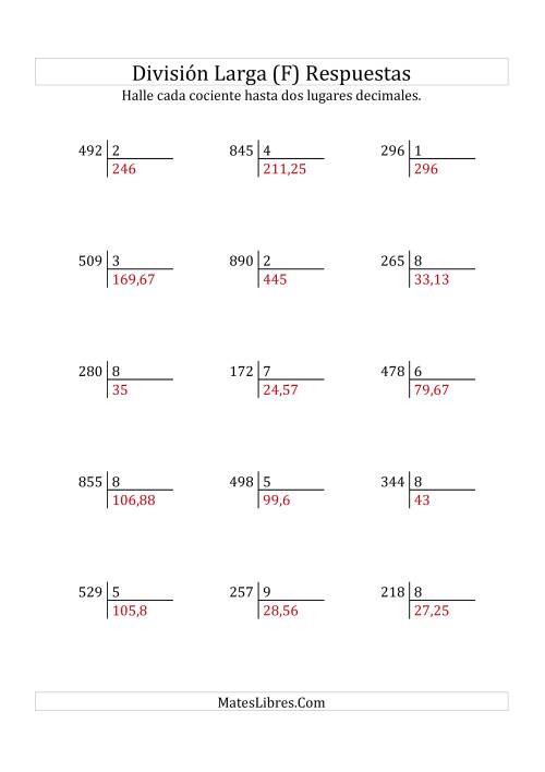 La hoja de ejercicios de División Larga en Formato Europeo -- Divisor de 1 Dígito, Dividendo de 3 Dígitos, Con Decimales (F) Página 2