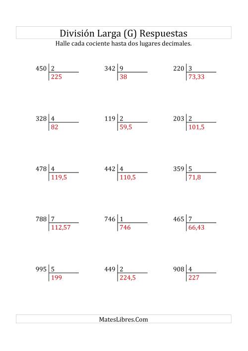 La hoja de ejercicios de División Larga en Formato Europeo -- Divisor de 1 Dígito, Dividendo de 3 Dígitos, Con Decimales (G) Página 2