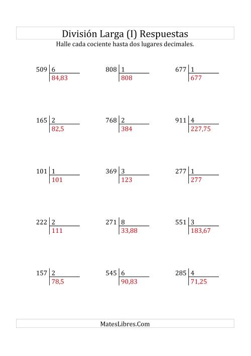 La hoja de ejercicios de División Larga en Formato Europeo -- Divisor de 1 Dígito, Dividendo de 3 Dígitos, Con Decimales (I) Página 2