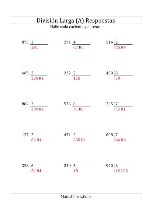 La hoja de ejercicios de División Larga en Formato Europeo -- Divisor de 1 Dígito, Dividendo de 3 Dígitos, Con Resto (A) Página 2