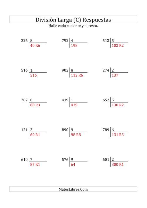 La hoja de ejercicios de División Larga en Formato Europeo -- Divisor de 1 Dígito, Dividendo de 3 Dígitos, Con Resto (C) Página 2
