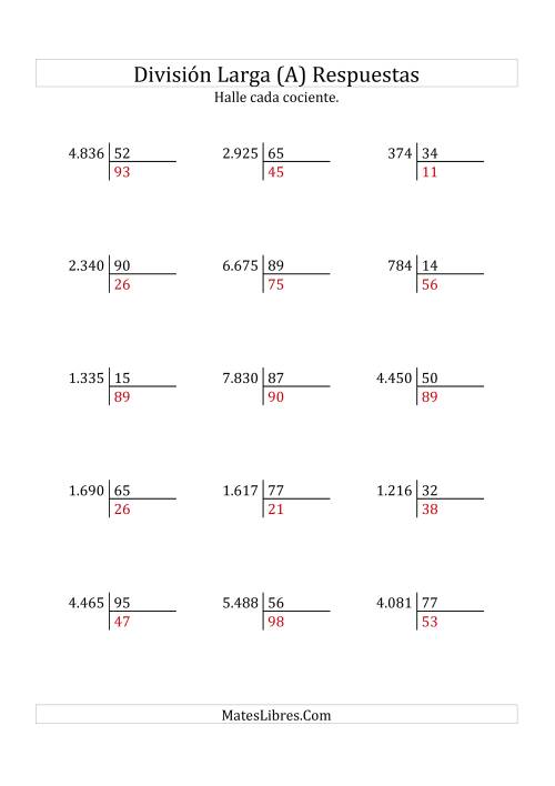 La hoja de ejercicios de División Larga en Formato Europeo -- Divisor de 2 Dígitos, Cociente de 2 Dígitos, Sin Resto (A) Página 2