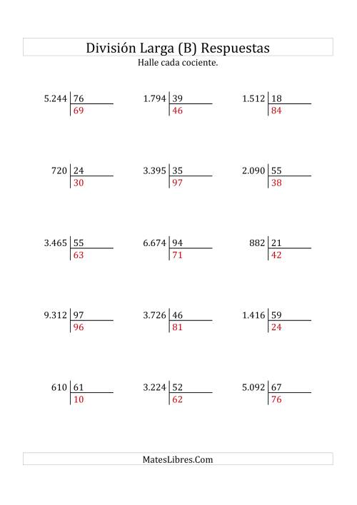 La hoja de ejercicios de División Larga en Formato Europeo -- Divisor de 2 Dígitos, Cociente de 2 Dígitos, Sin Resto (B) Página 2