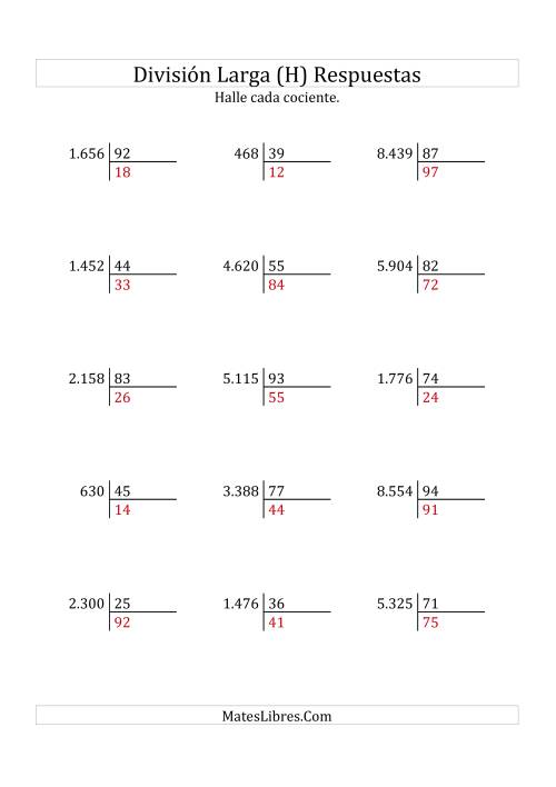 La hoja de ejercicios de División Larga en Formato Europeo -- Divisor de 2 Dígitos, Cociente de 2 Dígitos, Sin Resto (H) Página 2