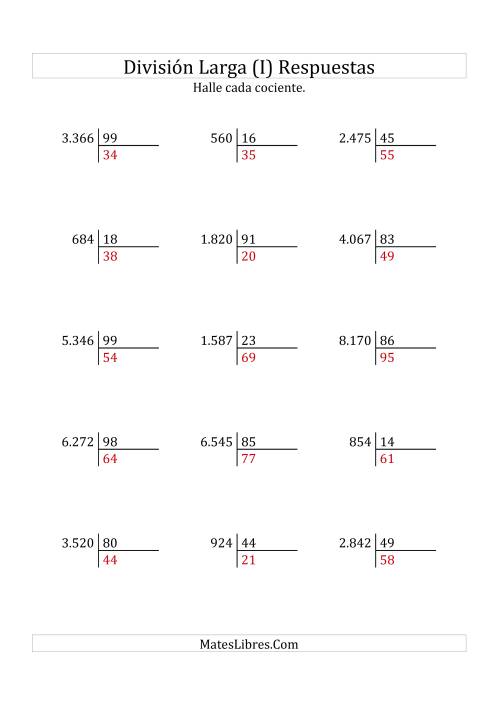 La hoja de ejercicios de División Larga en Formato Europeo -- Divisor de 2 Dígitos, Cociente de 2 Dígitos, Sin Resto (I) Página 2