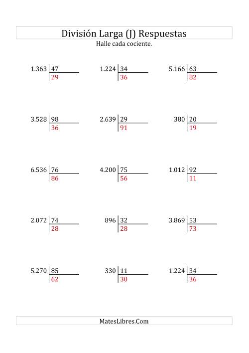 La hoja de ejercicios de División Larga en Formato Europeo -- Divisor de 2 Dígitos, Cociente de 2 Dígitos, Sin Resto (J) Página 2
