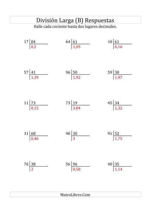 La hoja de ejercicios de División Larga en Formato Europeo -- Divisor de 2 Dígitos, Dividendo de 2 Dígitos, Con Decimales (B) Página 2
