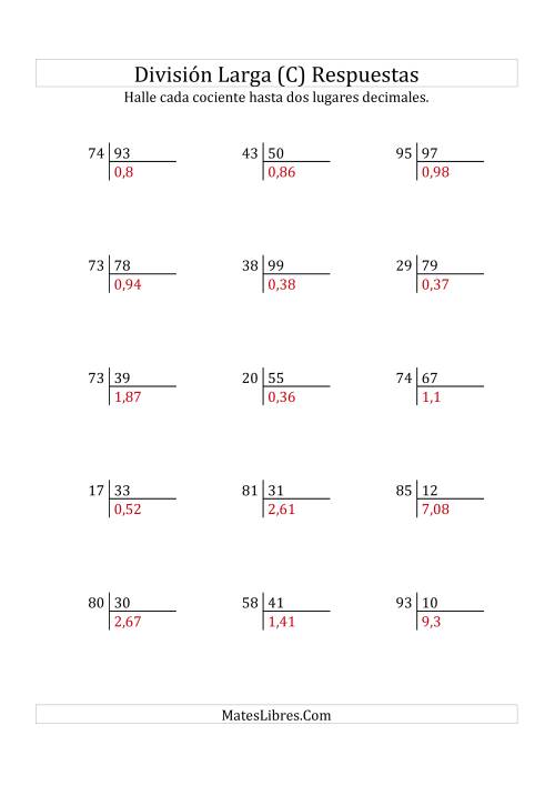 La hoja de ejercicios de División Larga en Formato Europeo -- Divisor de 2 Dígitos, Dividendo de 2 Dígitos, Con Decimales (C) Página 2