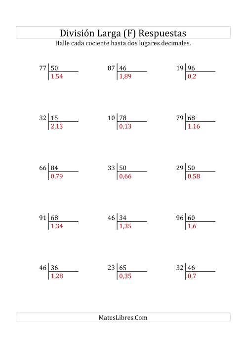 La hoja de ejercicios de División Larga en Formato Europeo -- Divisor de 2 Dígitos, Dividendo de 2 Dígitos, Con Decimales (F) Página 2