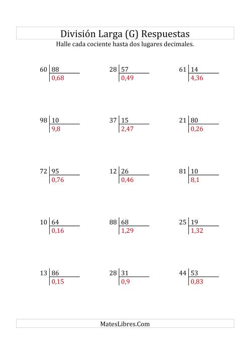 La hoja de ejercicios de División Larga en Formato Europeo -- Divisor de 2 Dígitos, Dividendo de 2 Dígitos, Con Decimales (G) Página 2